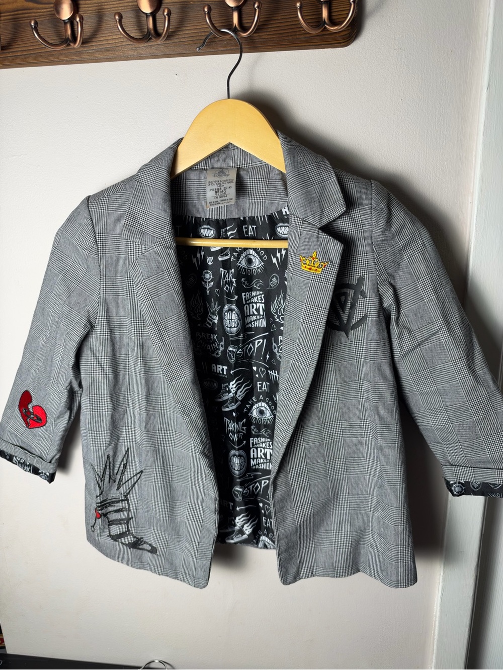 Disney Cruella Deville Gray Plaid Kids Blazer with Patch Details Size 9/10